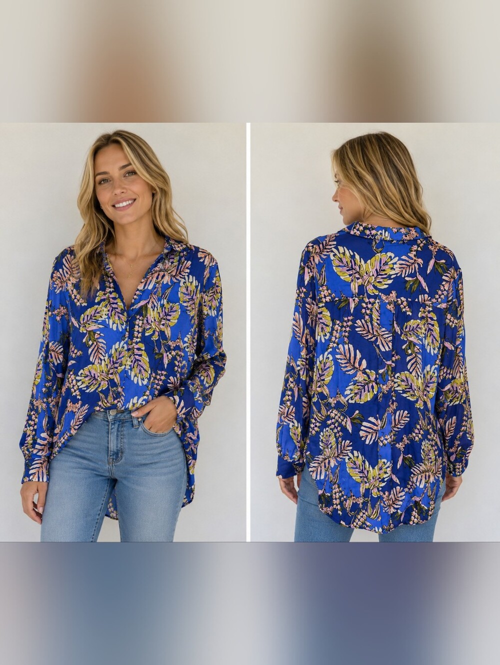 Free People Blue Tropical Floral Hi-Low Button Front Blouse Top Size Medium